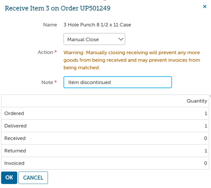 screenshot of receiving menu